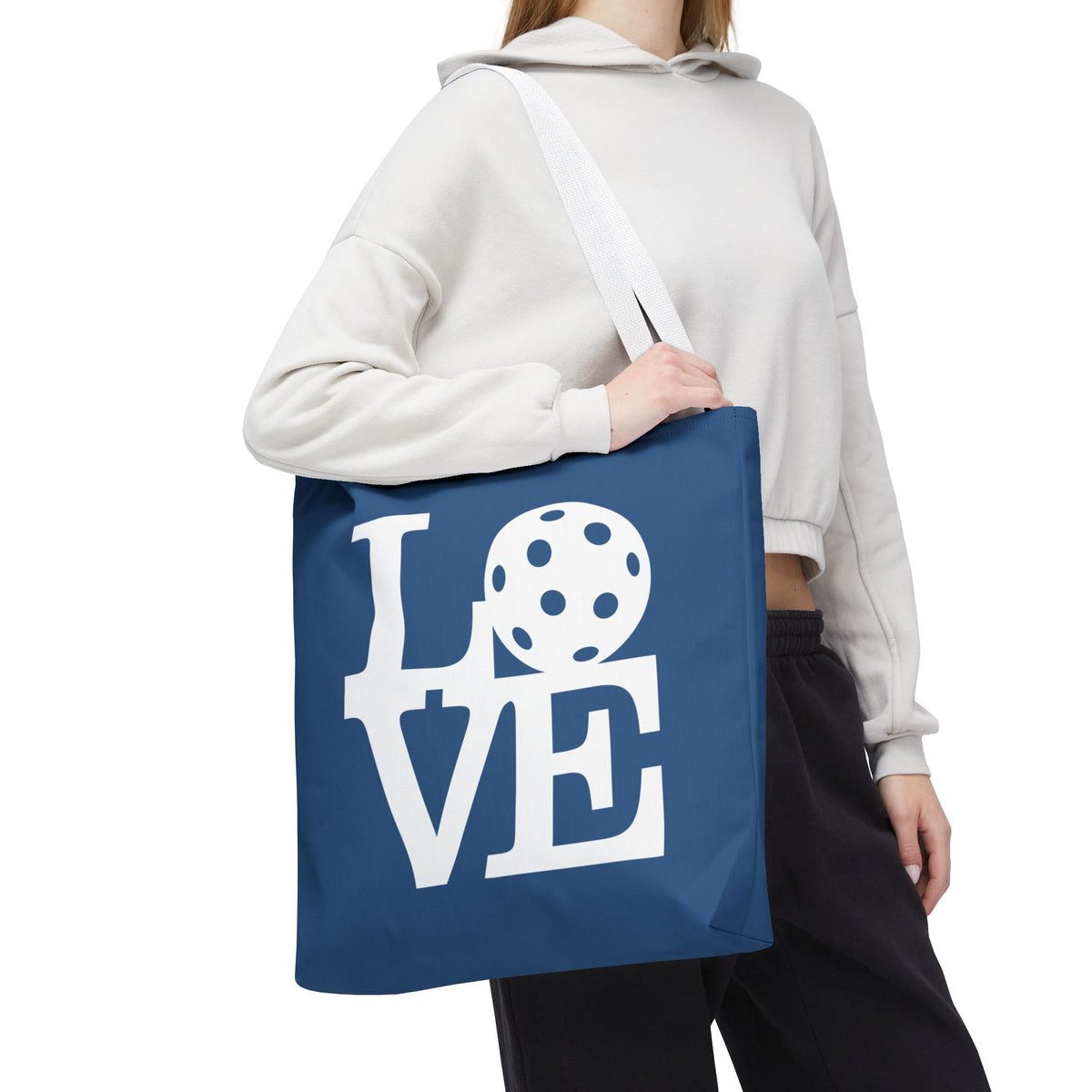 LOVE Pickleball Large Tote Bag 18"X18" - River Blue carryall - White handle - Front - PeaMacTees