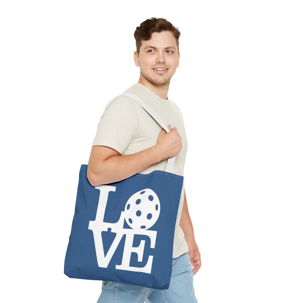 LOVE Pickleball Large Tote Bag 18"X18" - River Blue carryall - White handle - Model male 2 - PeaMacTees