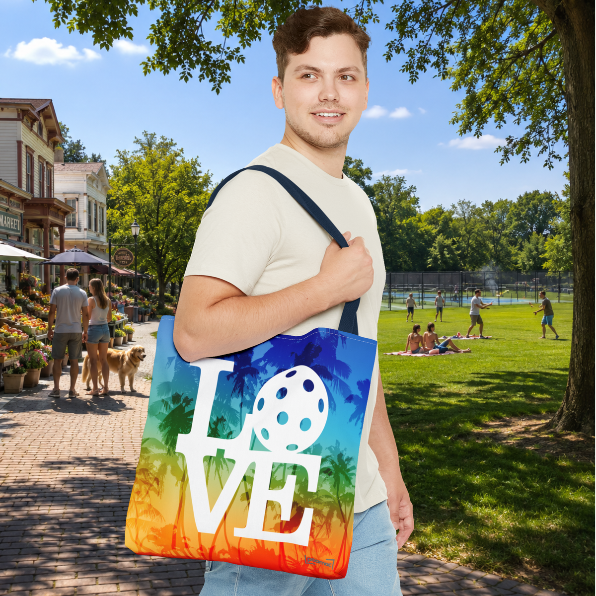 LOVE Pickleball Large Tote Bag 18x18 - Tropical Palm Rainbow Court-Ready Shoulder Tote - Navy handle - Lifestyle - PeaMacTees