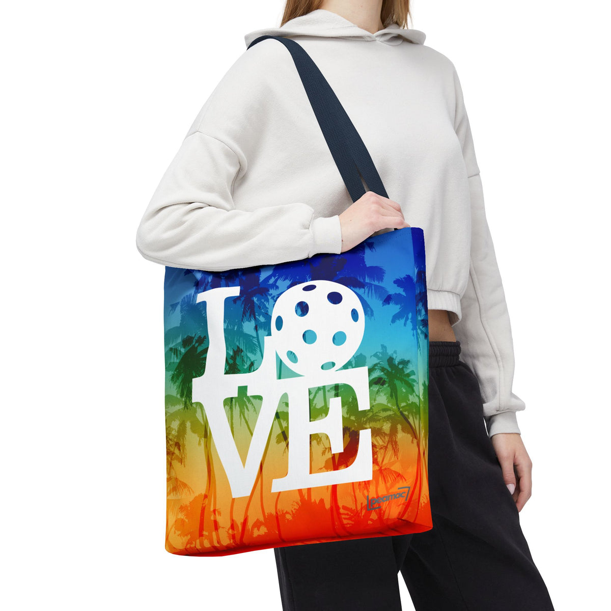 LOVE Pickleball Large Tote Bag 18x18 - Tropical Palm Rainbow Court-Ready Shoulder Tote - Navy handle - Model 4 - PeaMacTees