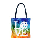 LOVE Pickleball Large Tote Bag 18x18 - Tropical Palm Rainbow Court-Ready Shoulder Tote - Navy handle - Product - PeaMacTees