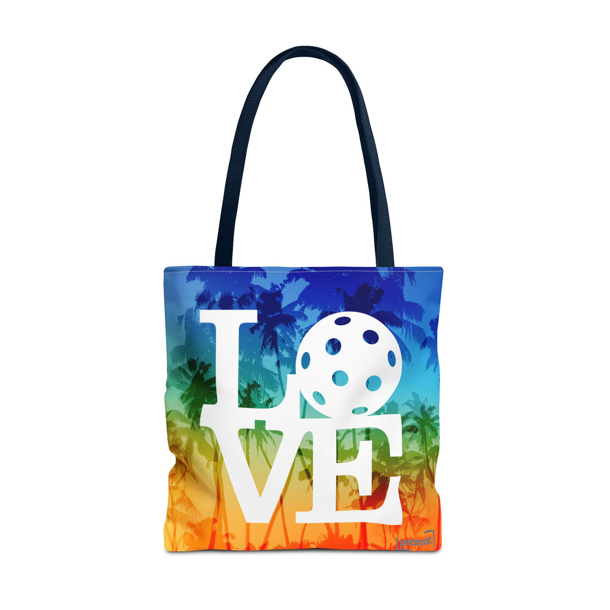 LOVE Pickleball Large Tote Bag 18x18 - Tropical Palm Rainbow Court-Ready Shoulder Tote - Navy handle - Product - PeaMacTees