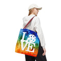 LOVE Pickleball Large Tote Bag 18x18 - Tropical Palm Rainbow Court-Ready Shoulder Tote - Red handle - Front - PeaMacTees