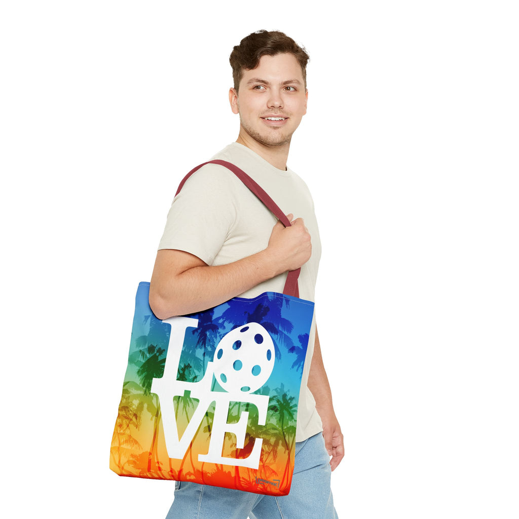 LOVE Pickleball Large Tote Bag 18x18 - Tropical Palm Rainbow Court-Ready Shoulder Tote - Red handle - Model 2 - PeaMacTees