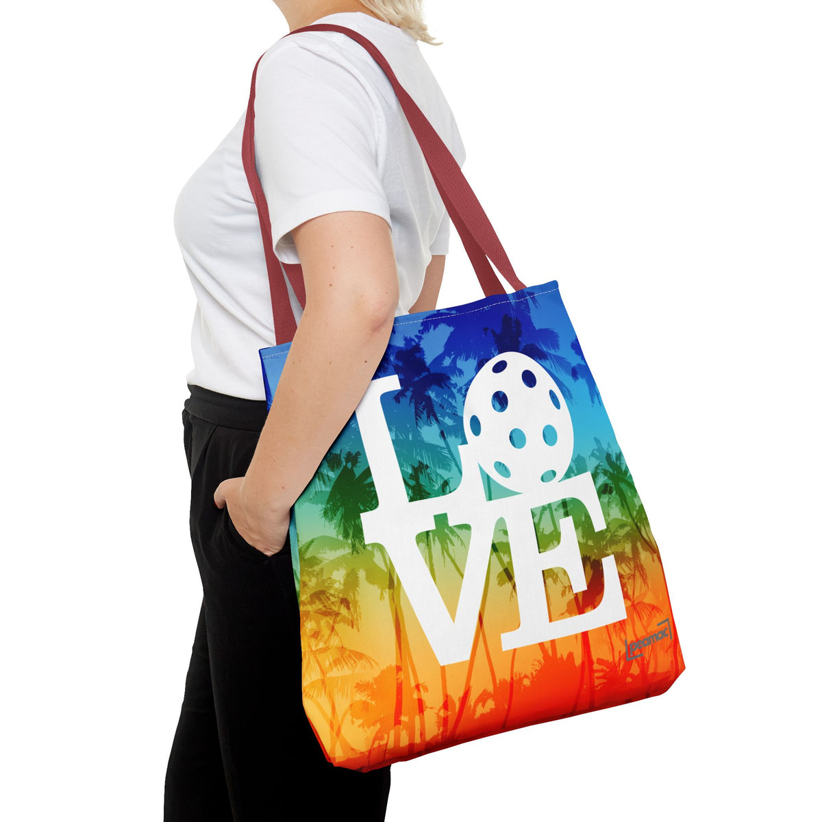 LOVE Pickleball Large Tote Bag 18x18 - Tropical Palm Rainbow Court-Ready Shoulder Tote - Red handle - Model 3 - PeaMacTees