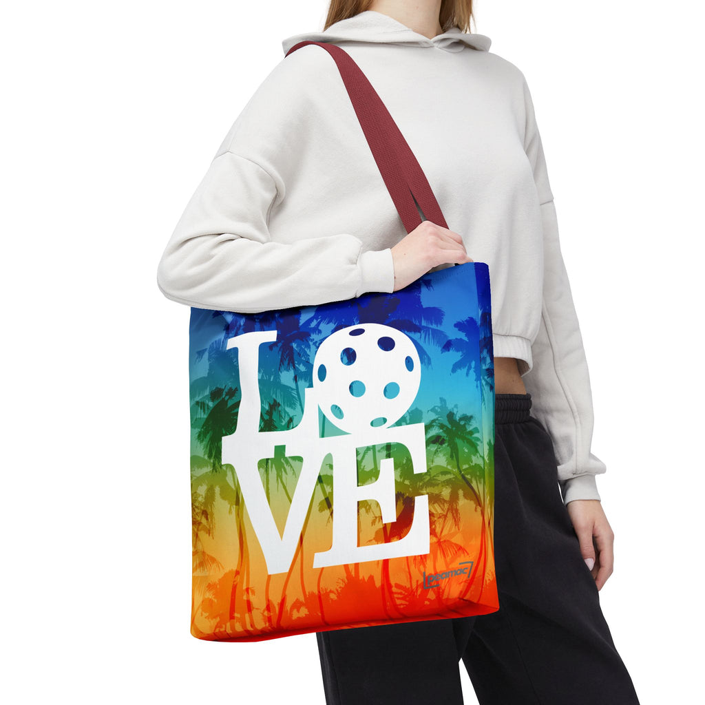 LOVE Pickleball Large Tote Bag 18x18 - Tropical Palm Rainbow Court-Ready Shoulder Tote - Red handle - Model 4 - PeaMacTees