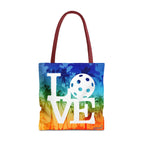 LOVE Pickleball Large Tote Bag 18x18 - Tropical Palm Rainbow Court-Ready Shoulder Tote - Red handle - Product - PeaMacTees
