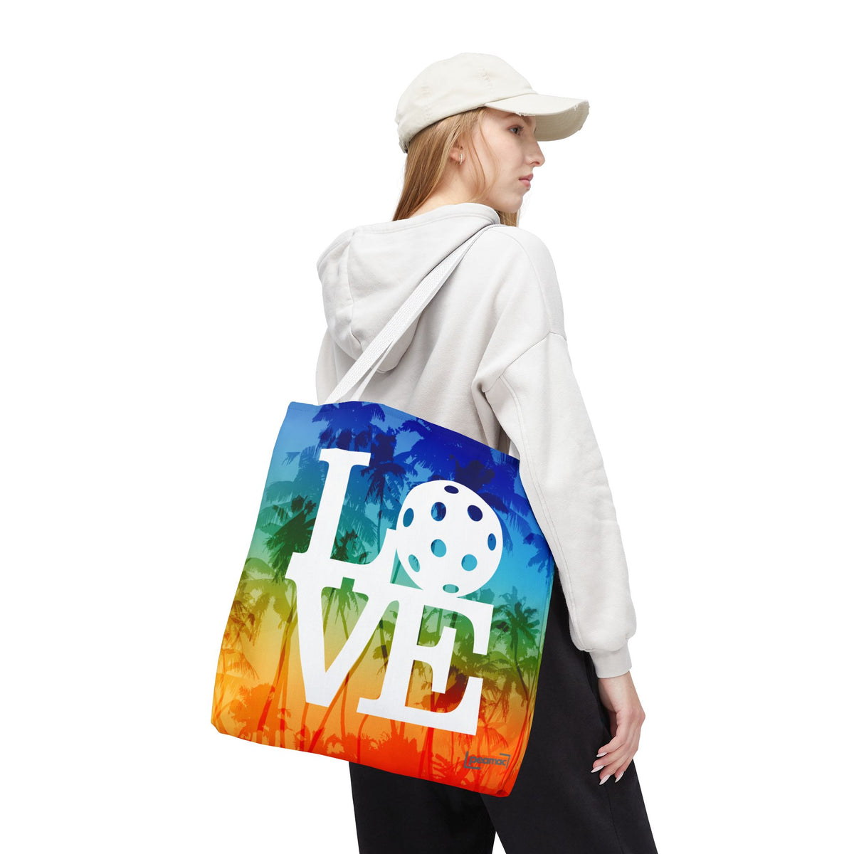 LOVE Pickleball Large Tote Bag 18x18 - Tropical Palm Rainbow Court-Ready Shoulder Tote - White handle - Front - PeaMacTees
