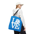 LOVE Pickleball Large Tote Bag 18x18 in Classic Pacific Court Blue with Bold White Graphics - Black handle - Front - PeaMacTees