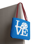LOVE Pickleball Large Tote Bag 18x18 in Classic Pacific Court Blue with Bold White Graphics - Black handle - Model 2 - PeaMacTees