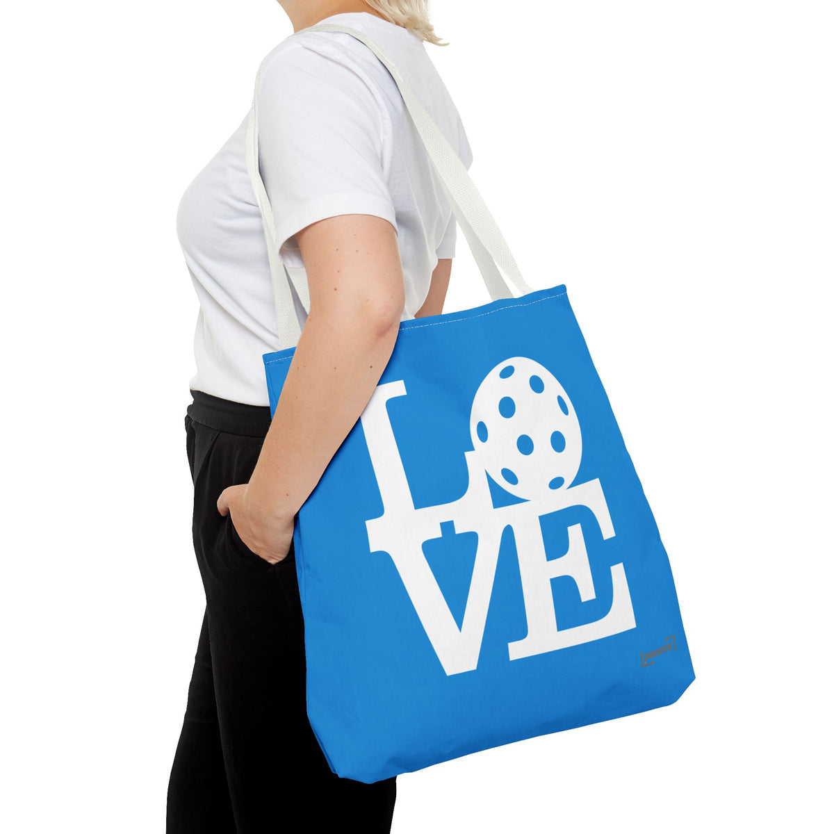 LOVE Pickleball Large Tote Bag 18x18 in Classic Pacific Court Blue with Bold White Graphics - Black handle - Product - PeaMacTees
