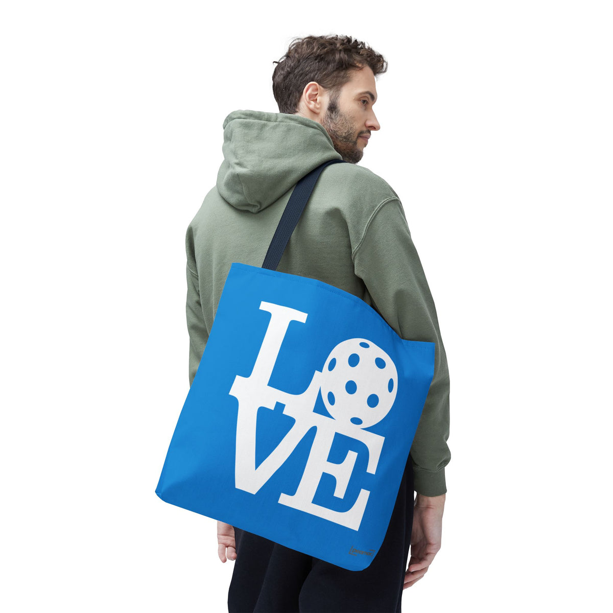 LOVE Pickleball Large Tote Bag 18x18 in Classic Pacific Court Blue with Bold White Graphics - Navy handle - Model 2 - PeaMacTees