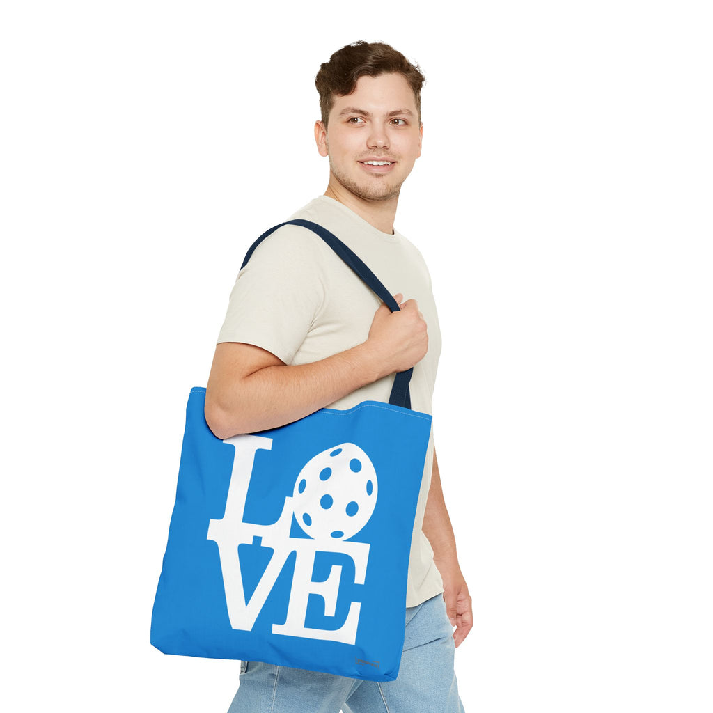 LOVE Pickleball Large Tote Bag 18x18 in Classic Pacific Court Blue with Bold White Graphics - Navy handle - Model 3 - PeaMacTees