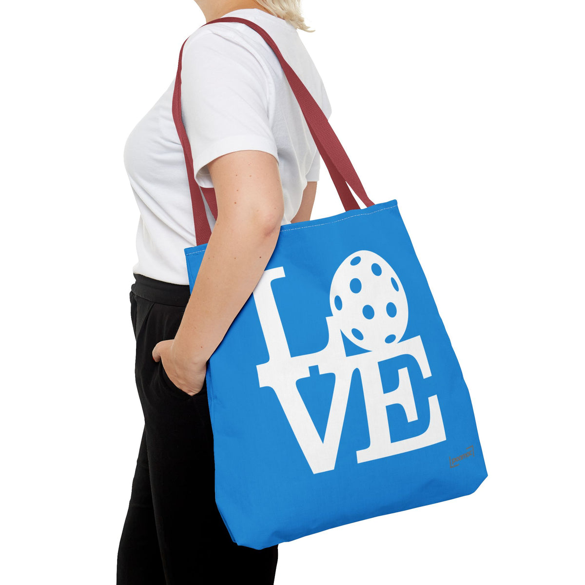 LOVE Pickleball Large Tote Bag 18x18 in Classic Pacific Court Blue with Bold White Graphics - Red handle - Front - PeaMacTees
