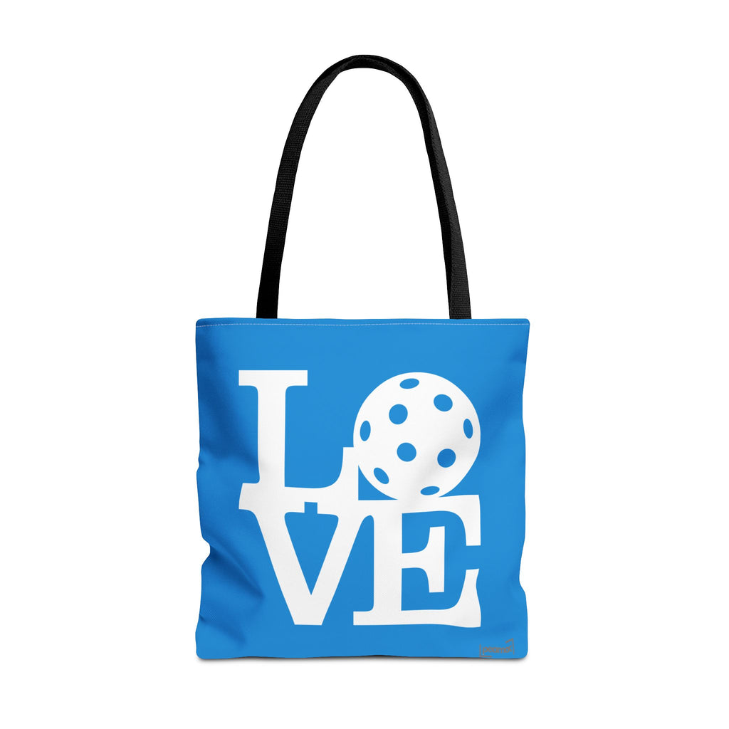 LOVE Pickleball Large Tote Bag 18x18 in Classic Pacific Court Blue with Bold White Graphics - Red handle - Hanging - PeaMacTees