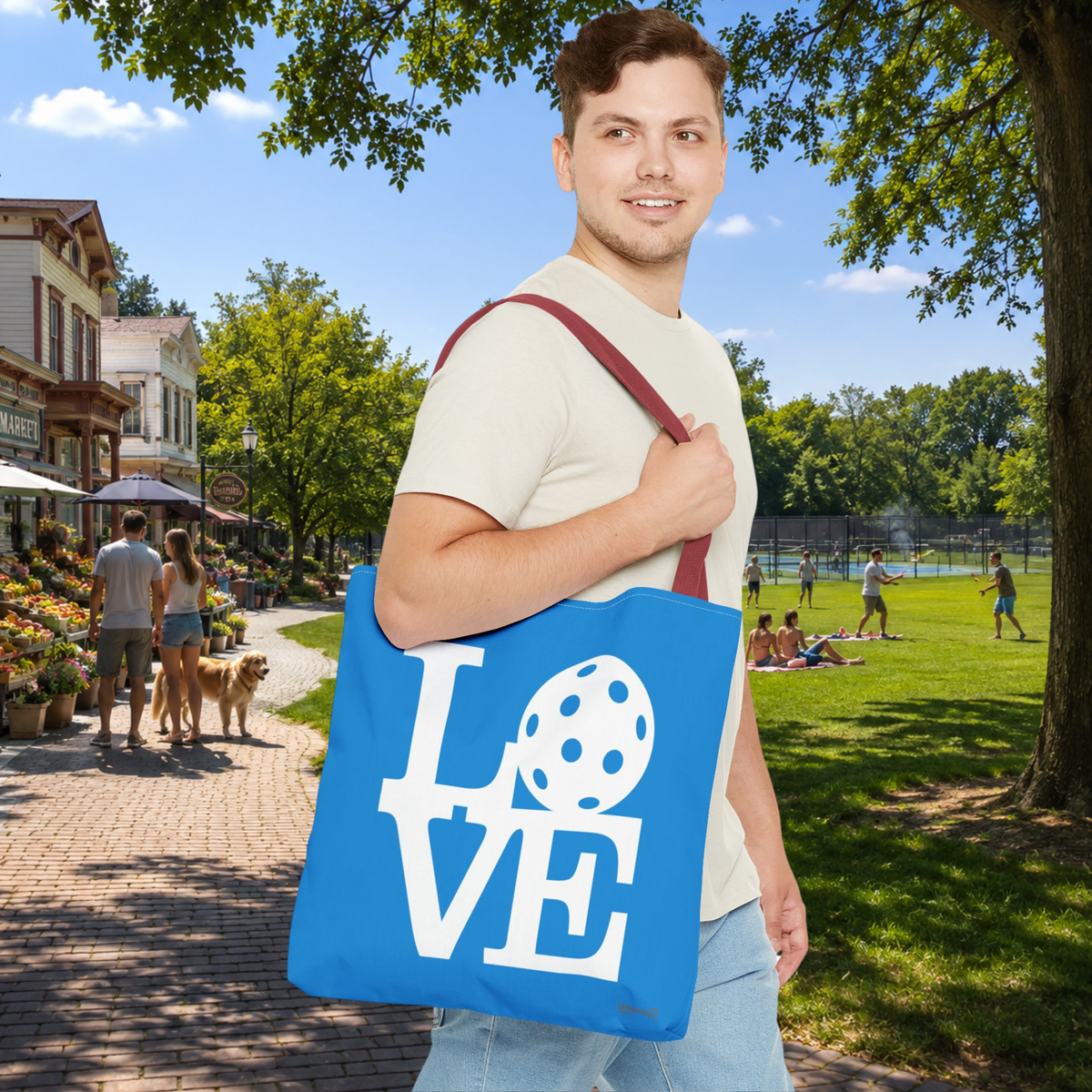 LOVE Pickleball Large Tote Bag 18x18 in Classic Pacific Court Blue with Bold White Graphics - Red handle - Lifestyle - PeaMacTees