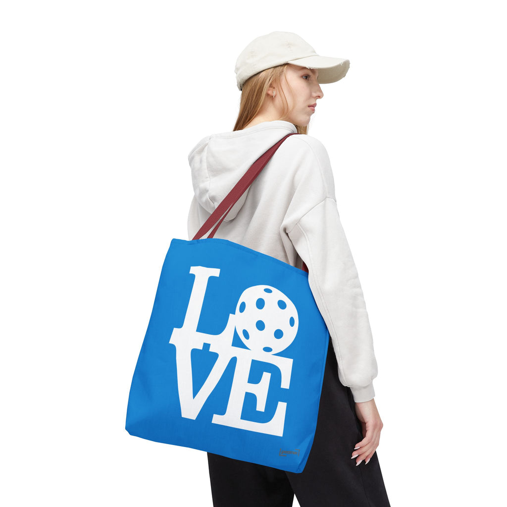 LOVE Pickleball Large Tote Bag 18x18 in Classic Pacific Court Blue with Bold White Graphics - Red handle - Model - PeaMacTees