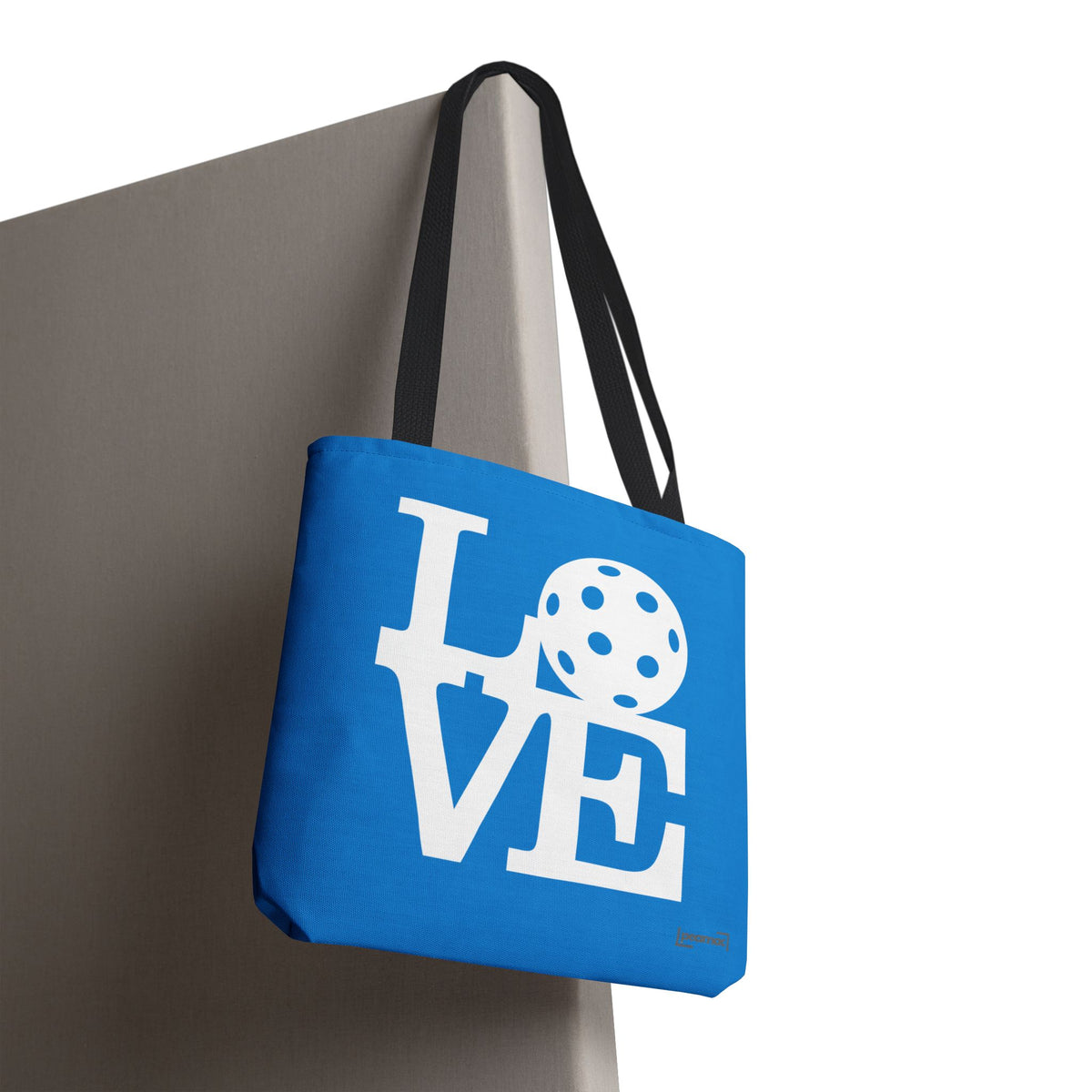 LOVE Pickleball Large Tote Bag 18x18 in Classic Pacific Court Blue with Bold White Graphics - White handle - Front - PeaMacTees
