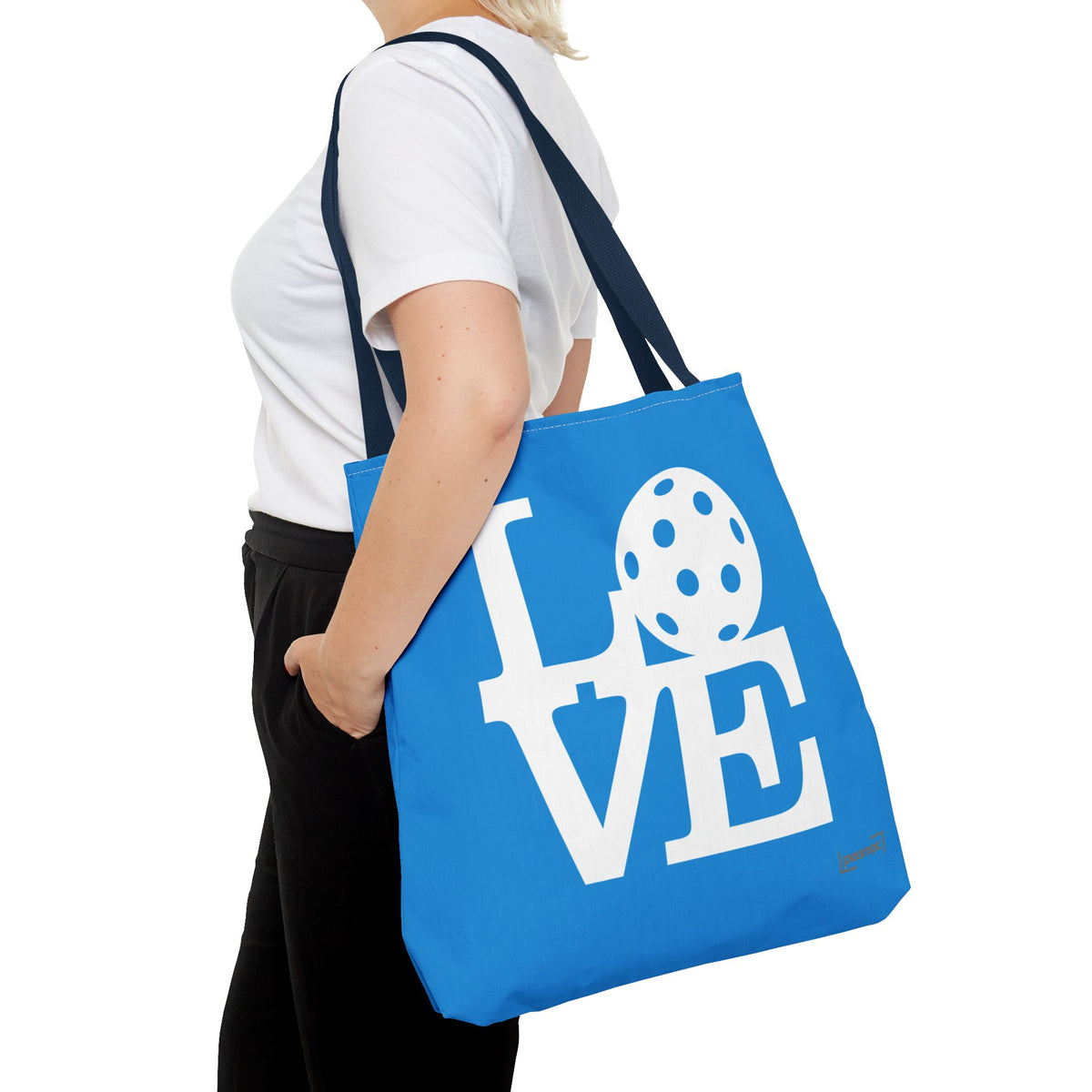 LOVE Pickleball Large Tote Bag 18x18 in Classic Pacific Court Blue with Bold White Graphics - White handle - Hanging - PeaMacTees