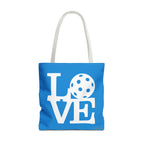 LOVE Pickleball Large Tote Bag 18x18 in Classic Pacific Court Blue with Bold White Graphics - White handle - Model 2 - PeaMacTees