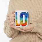LOVE Rainbow Pride Ceramic Mug — Vibrant Tropical LGBTQ+ Coffee Cup (11oz, 15oz) - Image 7 - PeaMacTees