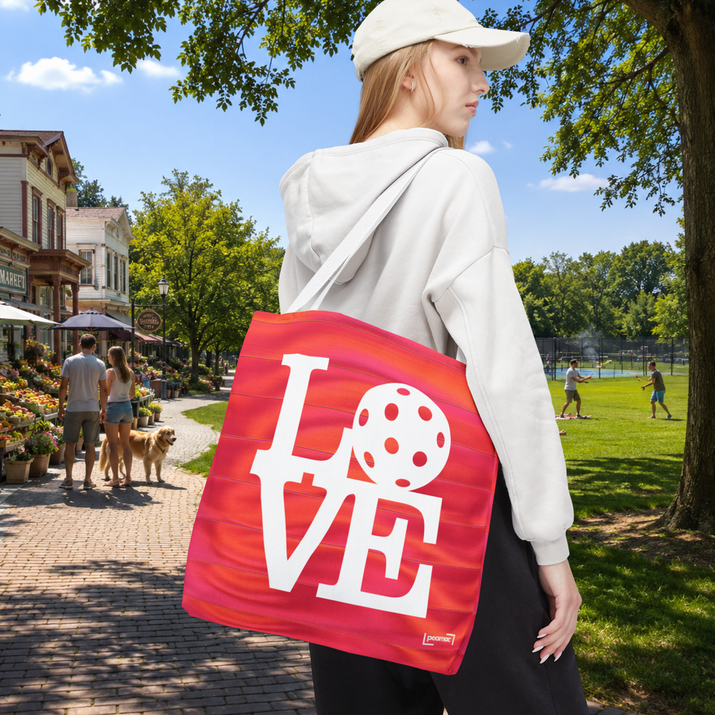 LOVE Pickleball large tote bag in sporty orange and pink with print design, ideal for carrying pickleball gear and essentials.