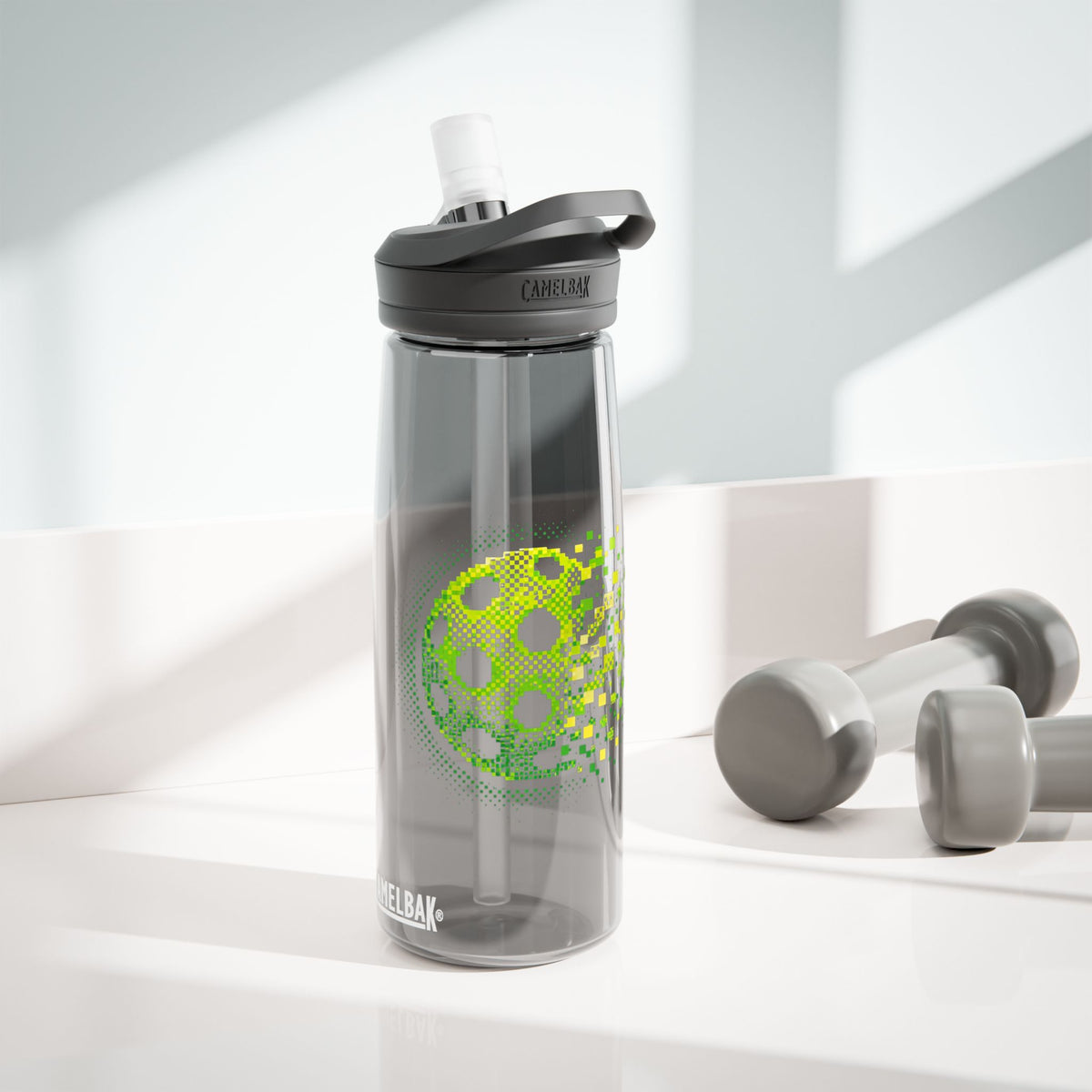 Matrix Burst Pickleball CamelBak Eddy Water Bottle — 20oz & 25oz Neon Green Sports Bottle - Charcoal - Front - PeaMacTees