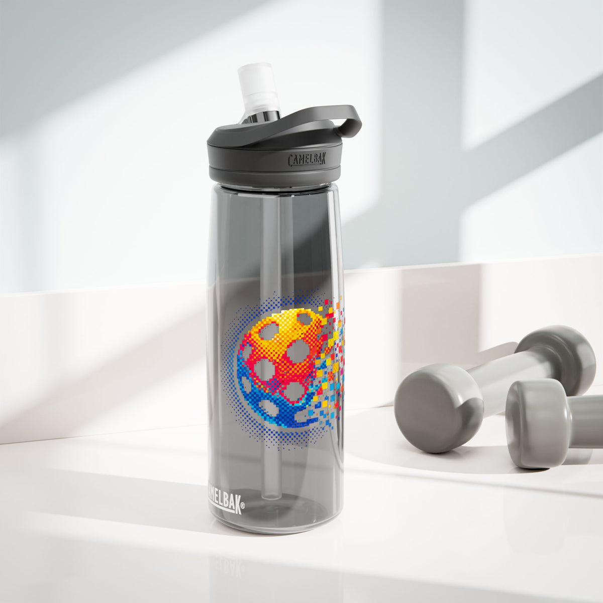Matrix Burst Pickleball CamelBak Eddy Water Bottle — 20oz and 25oz Sports Bottles - Charcoal - Front - PeaMacTees