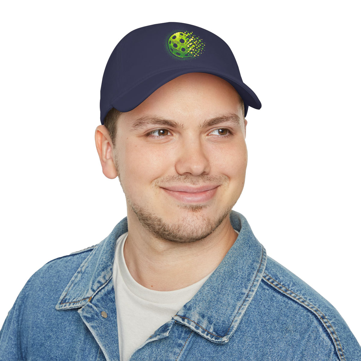 Matrix Burst Pickleball Cap Neon Green — Low Profile Cotton Baseball Hat - Dark Navy - Model - PeaMacTees