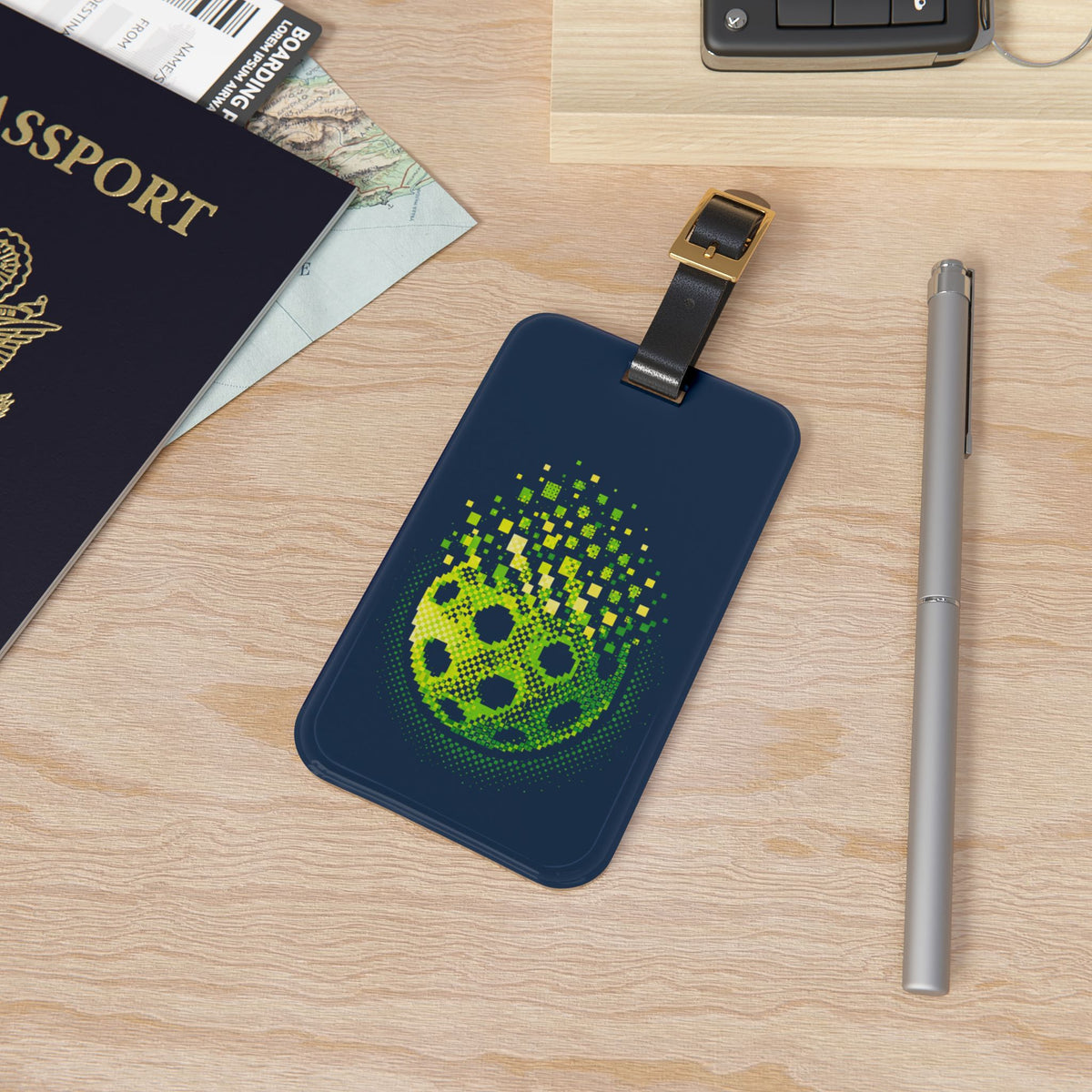 Matrix Burst Pickleball Court ID - Green & Blue - Luggage Tag with Leather Strap & Buckle - Image 1 - PeaMacTees
