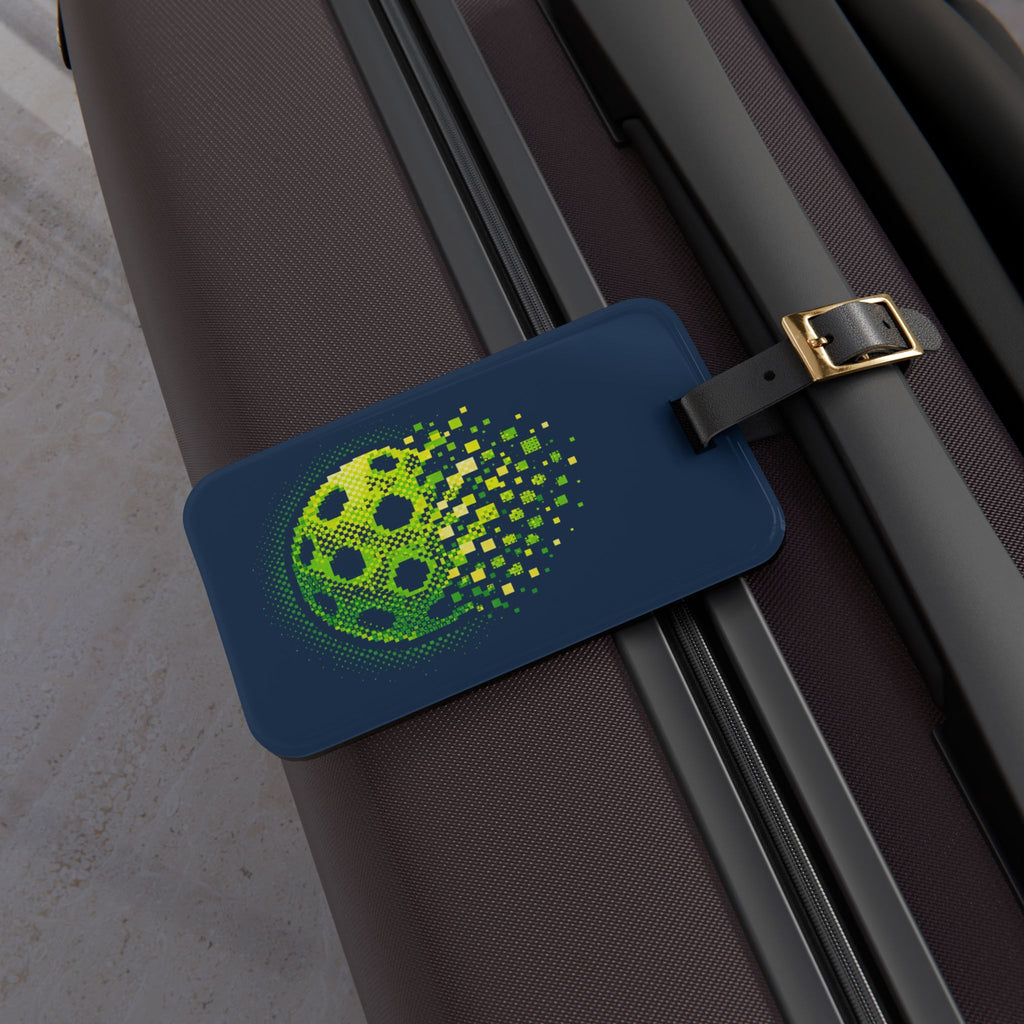 Matrix Burst Pickleball Court ID - Green & Blue - Luggage Tag with Leather Strap & Buckle - Image 6 - PeaMacTees
