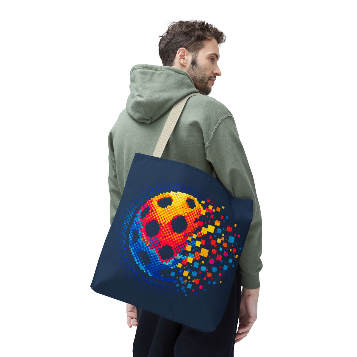 Matrix Burst Pickleball Large Navy Tote Bag — Retro Digital Pickleball Design - Beige handle - Front - PeaMacTees