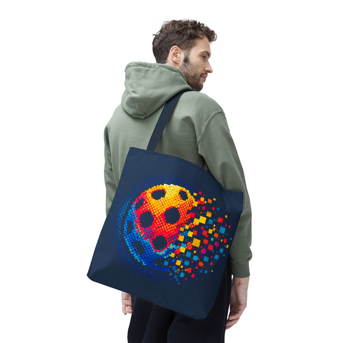 Matrix Burst Pickleball Large Navy Tote Bag — Retro Digital Pickleball Design - Navy handle - Front - PeaMacTees