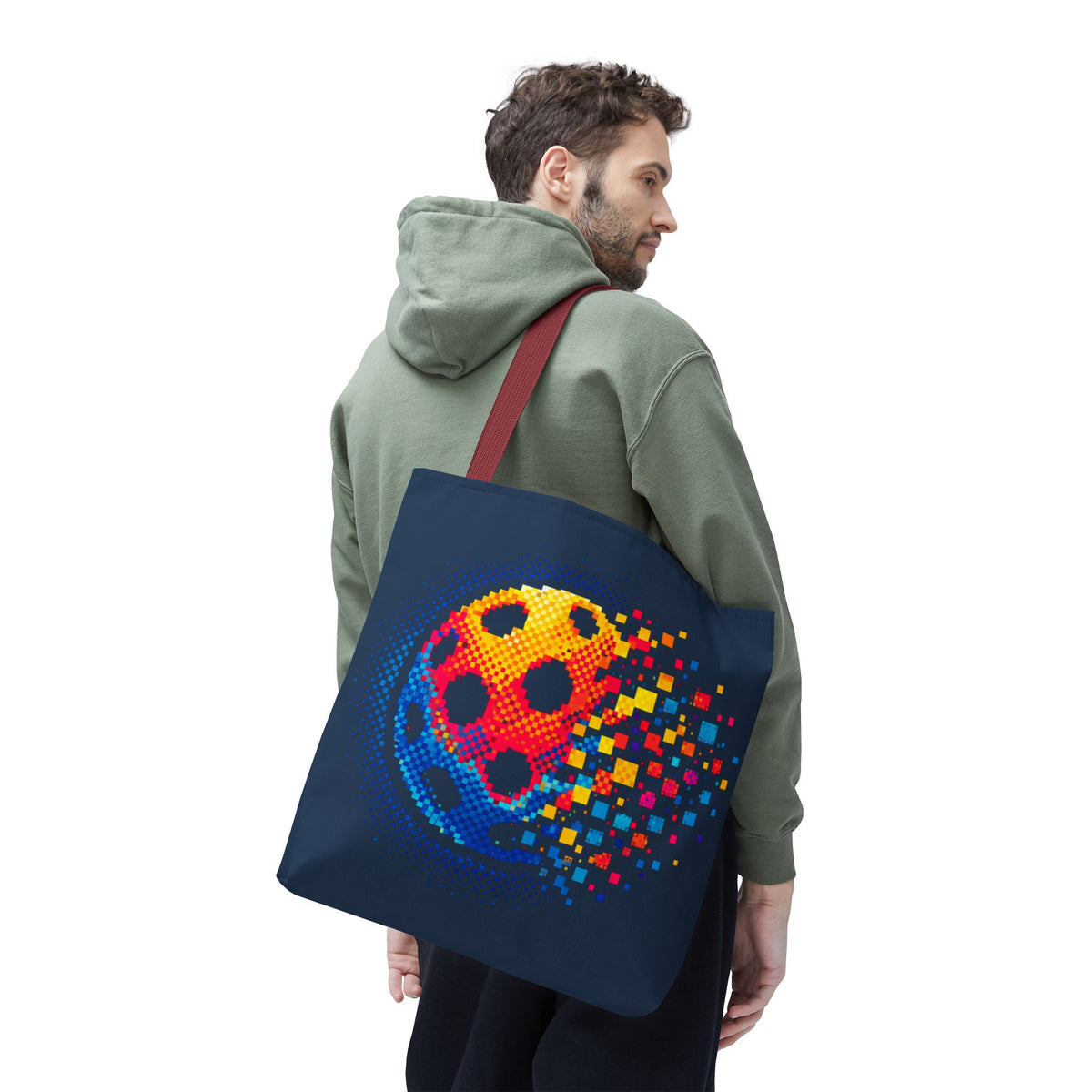 Matrix Burst Pickleball Large Navy Tote Bag — Retro Digital Pickleball Design - Red handle - Front - PeaMacTees
