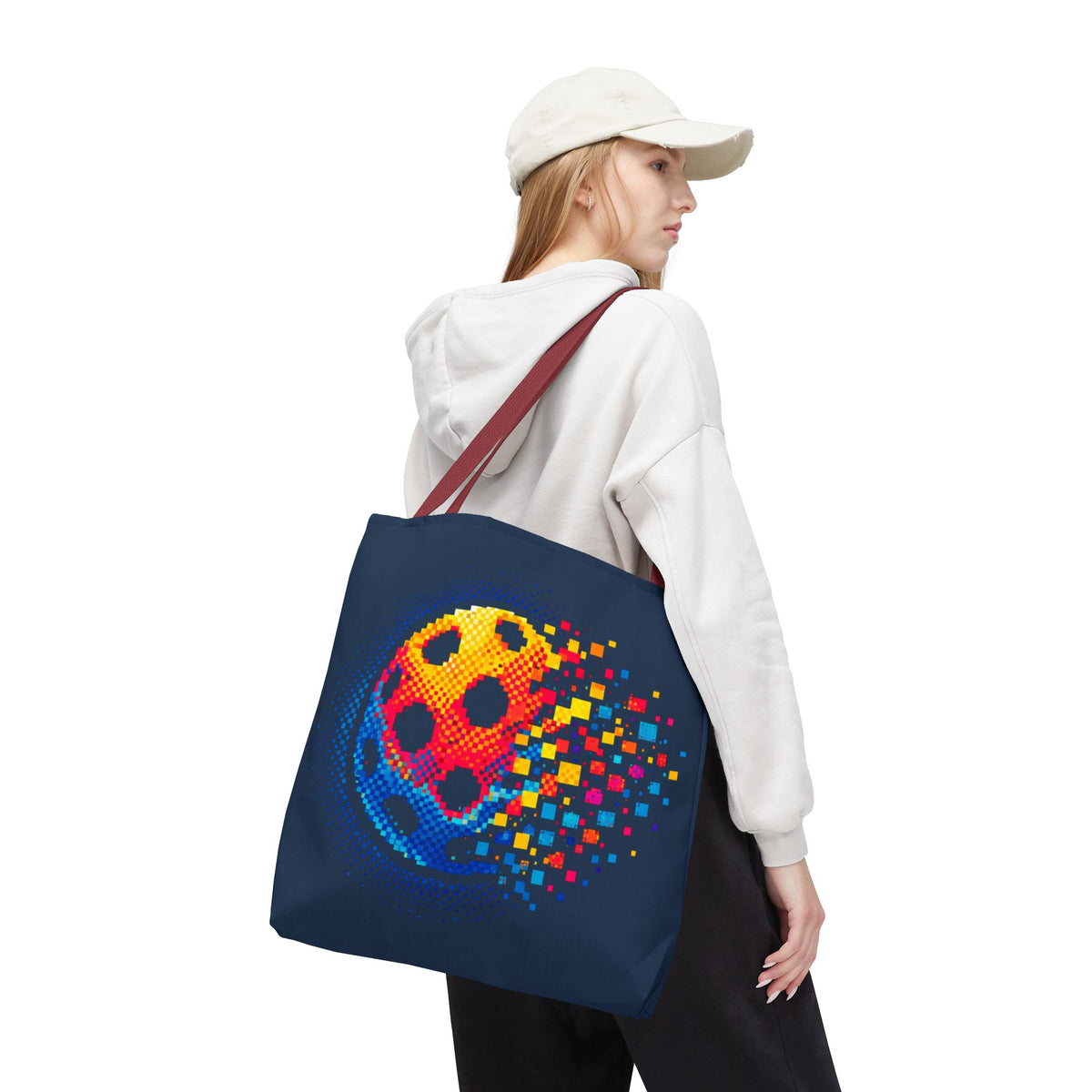 Matrix Burst Pickleball Large Navy Tote Bag — Retro Digital Pickleball Design - Red handle - Model - PeaMacTees
