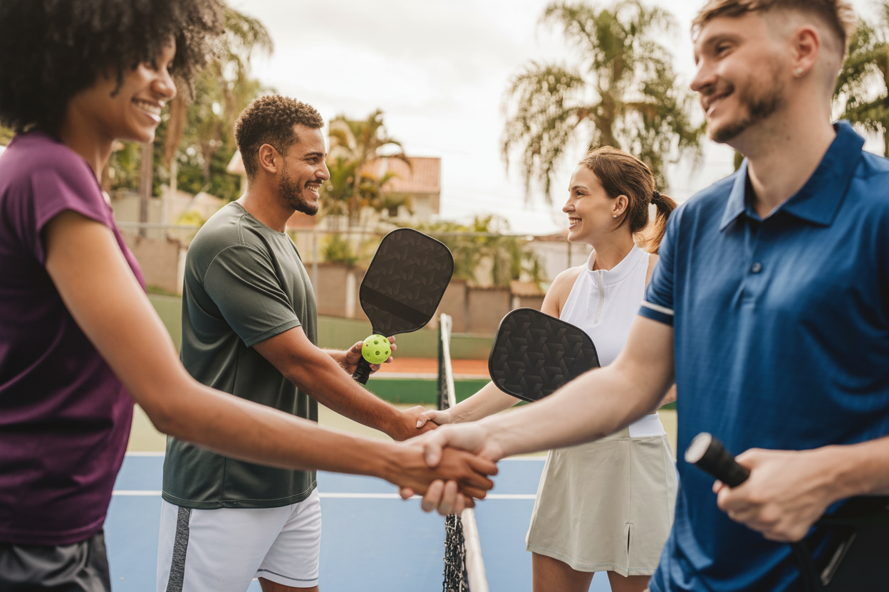 Group of people shaking hands on a tennis court with tennis rackets.