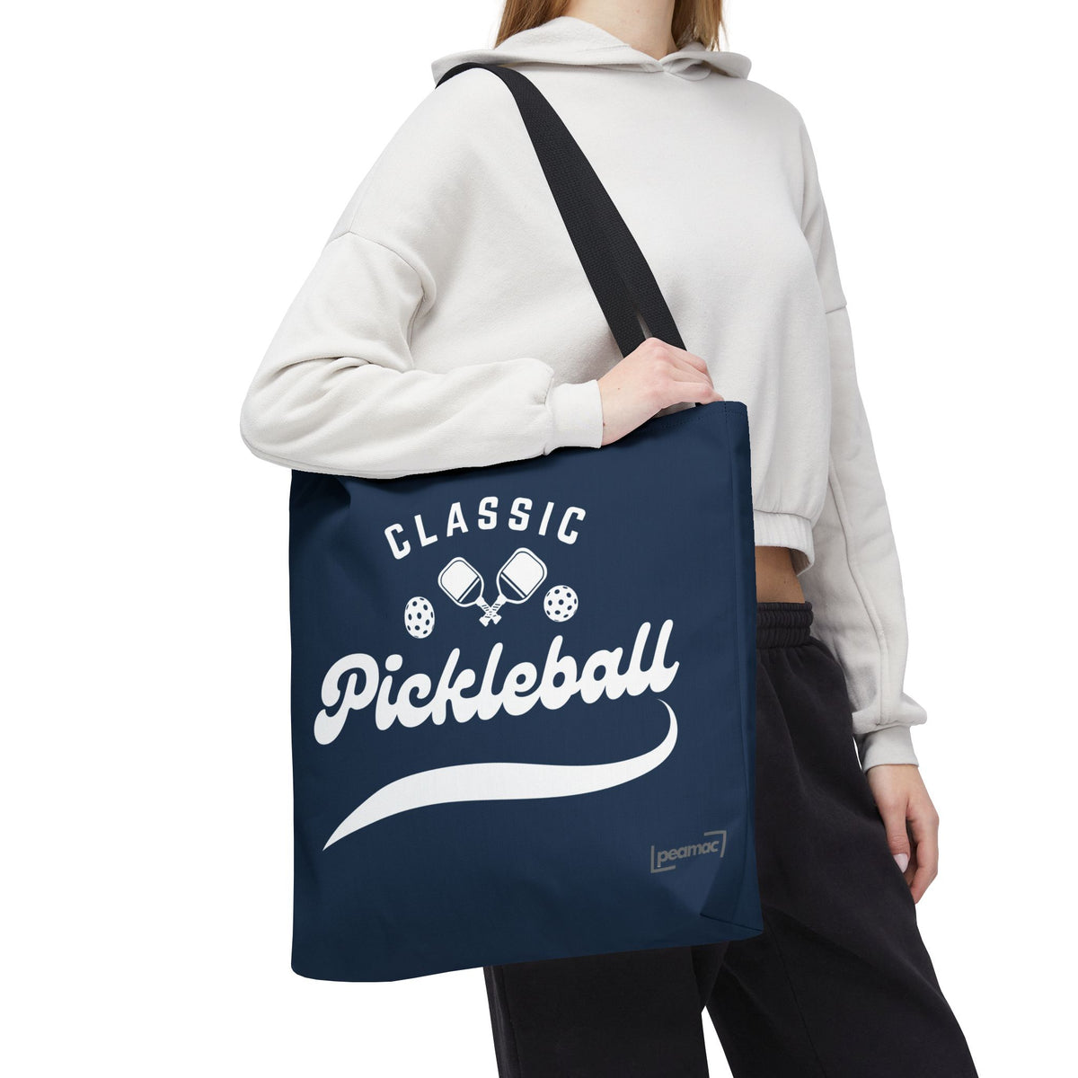 Pickleball Classic Large Navy Tote 18"X18" - Durable Shoulder Bag - Reusable Court and Travel Accessory - Black handle - Model 2 - PeaMacTees