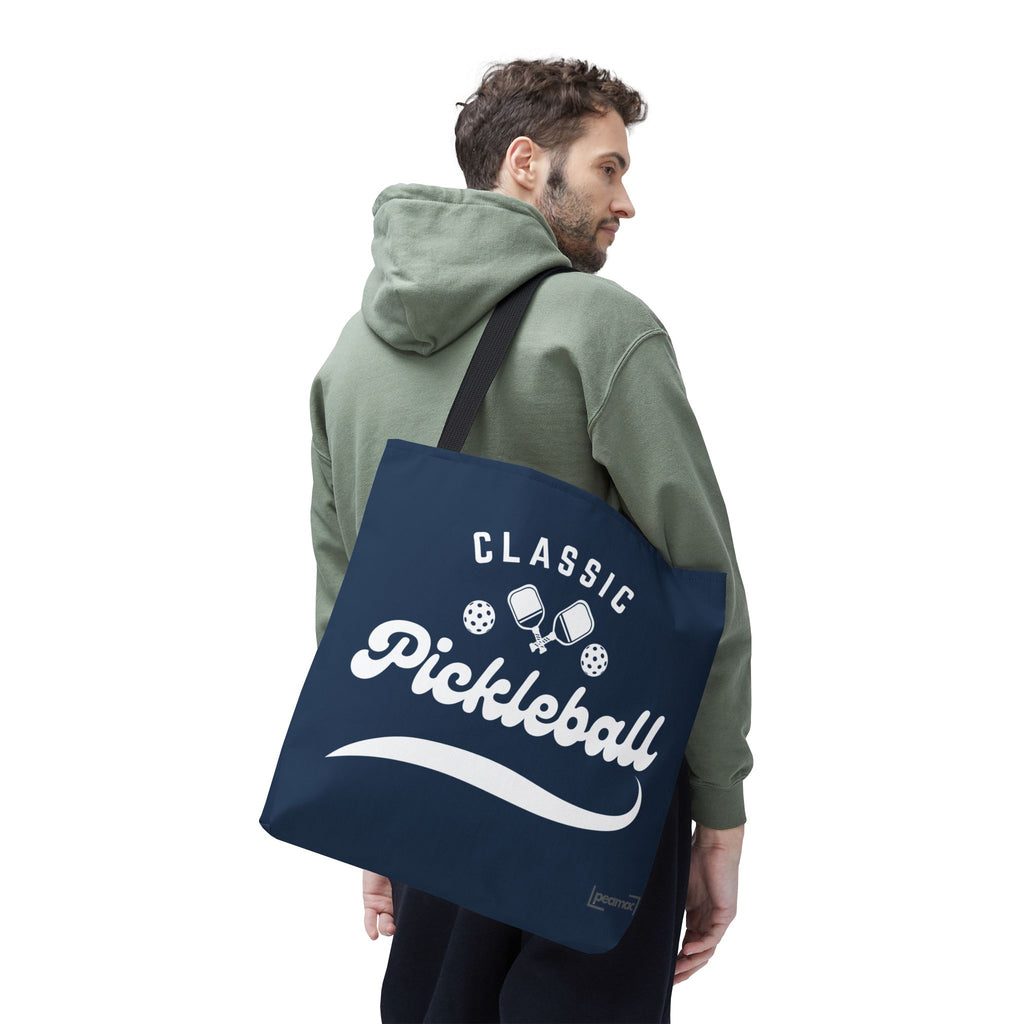 Pickleball Classic Large Navy Tote 18"X18" - Durable Shoulder Bag - Reusable Court and Travel Accessory - Black handle - Model male - PeaMacTees