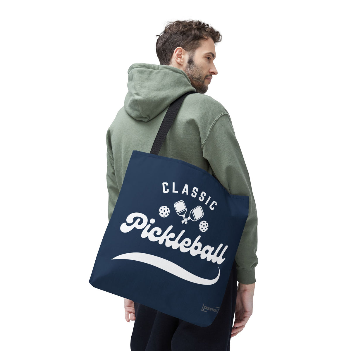 Pickleball Classic Large Navy Tote 18"X18" - Durable Shoulder Bag - Reusable Court and Travel Accessory - Black handle - Model male - PeaMacTees