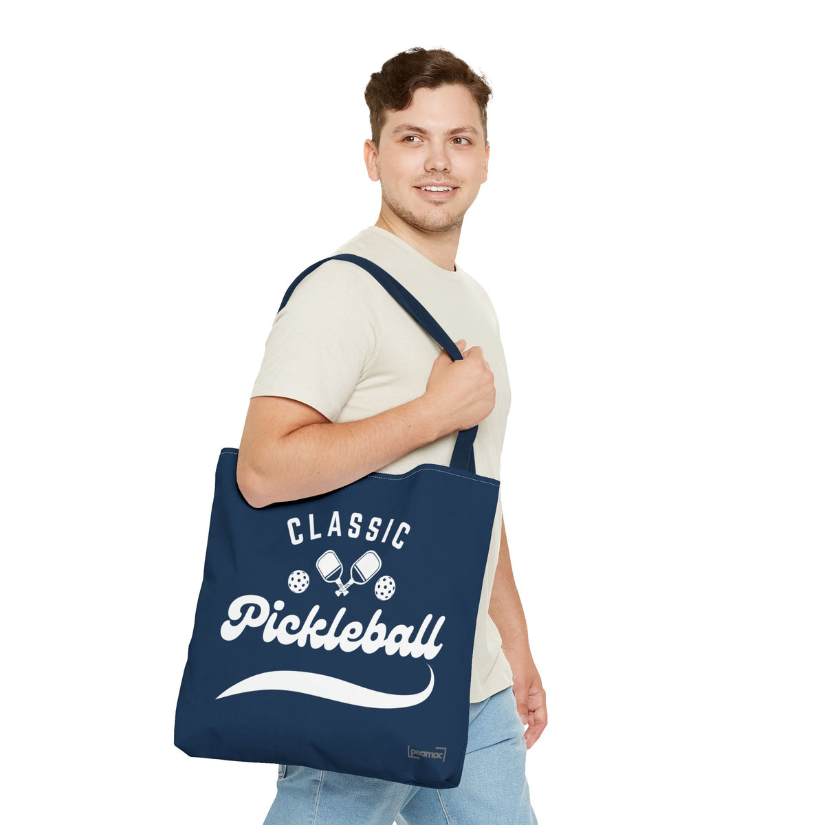 Pickleball Classic Large Navy Tote 18"X18" - Durable Shoulder Bag - Reusable Court and Travel Accessory - Navy handle - Front - PeaMacTees