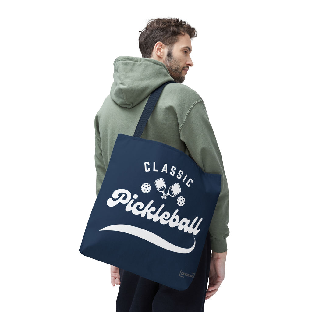 Pickleball Classic Large Navy Tote 18x18 - Durable Shoulder Bag - Reusable Court and Travel Accessory - Navy handle - Model male - PeaMacTees