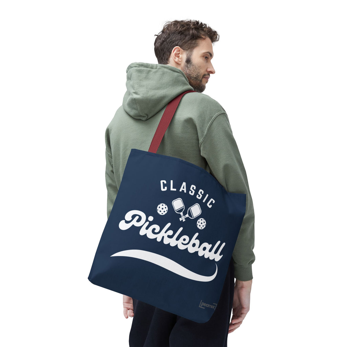 Pickleball Classic Large Navy Tote 18"X18" - Durable Shoulder Bag - Reusable Court and Travel Accessory - Red handle - Front - PeaMacTees