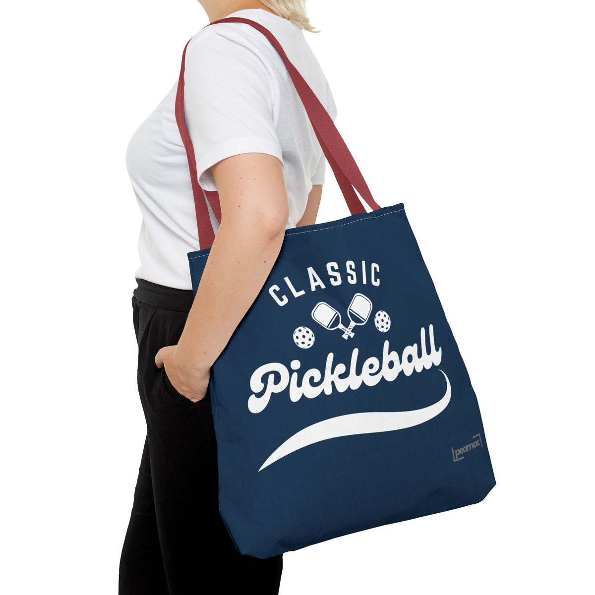 Pickleball Classic Large Navy Tote 18"X18" - Durable Shoulder Bag - Reusable Court and Travel Accessory - Red handle - Model - PeaMacTees