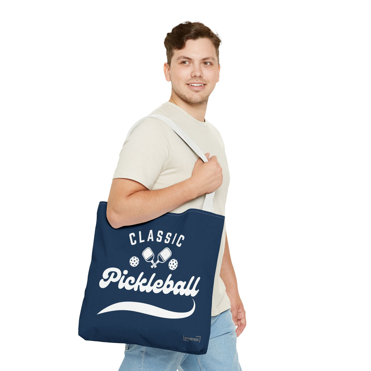 Pickleball Classic Large Navy Tote 18"X18" - Durable Shoulder Bag - Reusable Court and Travel Accessory - White handle - Front - PeaMacTees