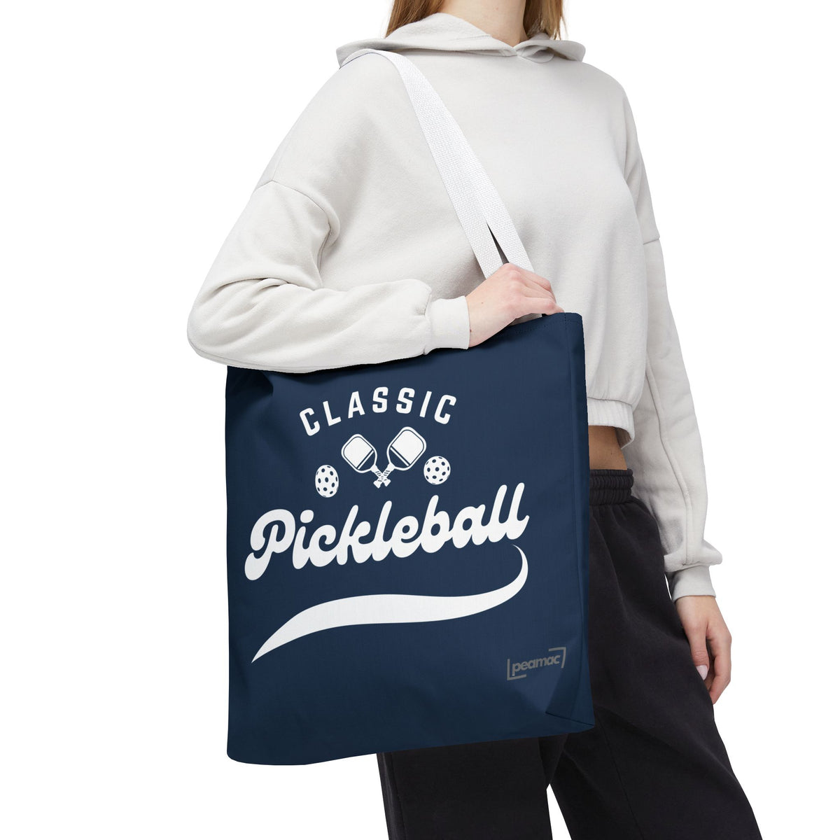 Pickleball Classic Large Navy Tote 18x18 - Durable Shoulder Bag - Reusable Court and Travel Accessory - White handle - Model 3 - PeaMacTees