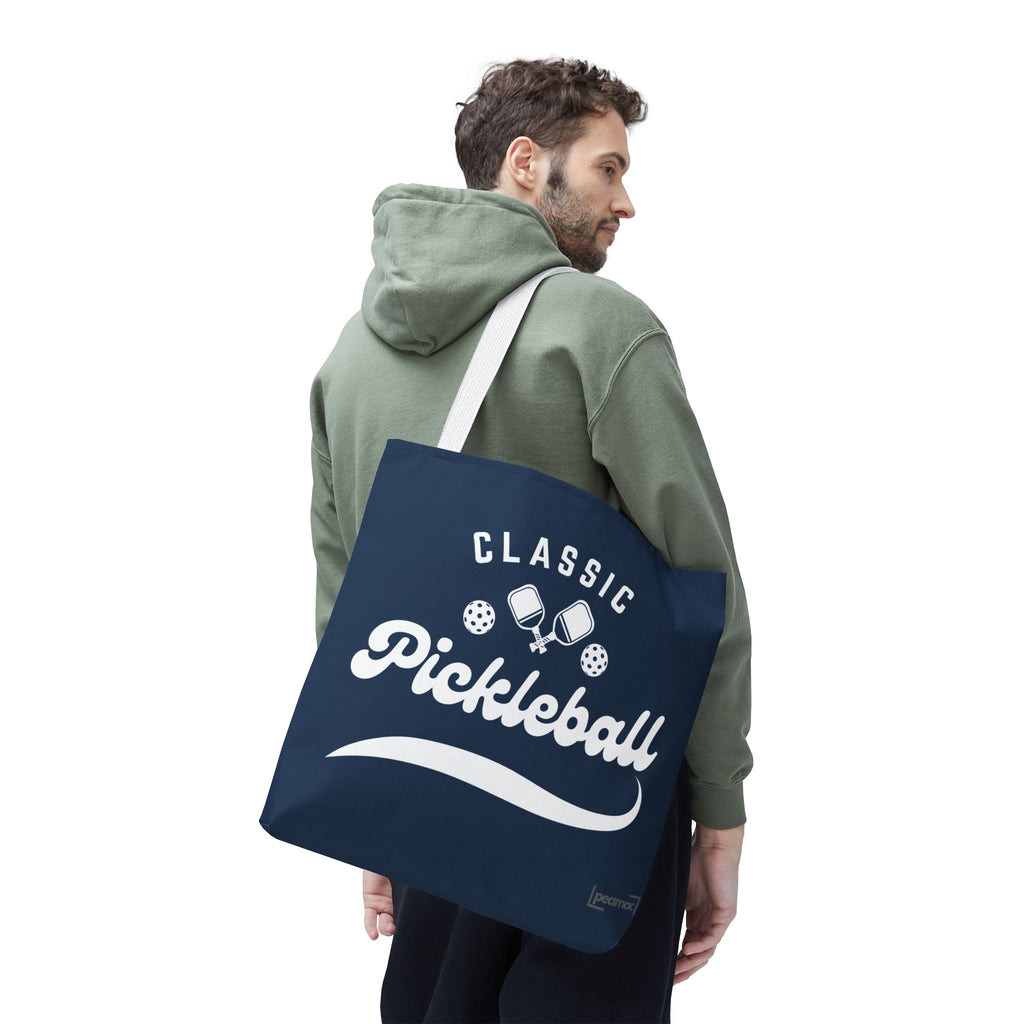Pickleball Classic Large Navy Tote 18x18 - Durable Shoulder Bag - Reusable Court and Travel Accessory - White handle - Model male - PeaMacTees