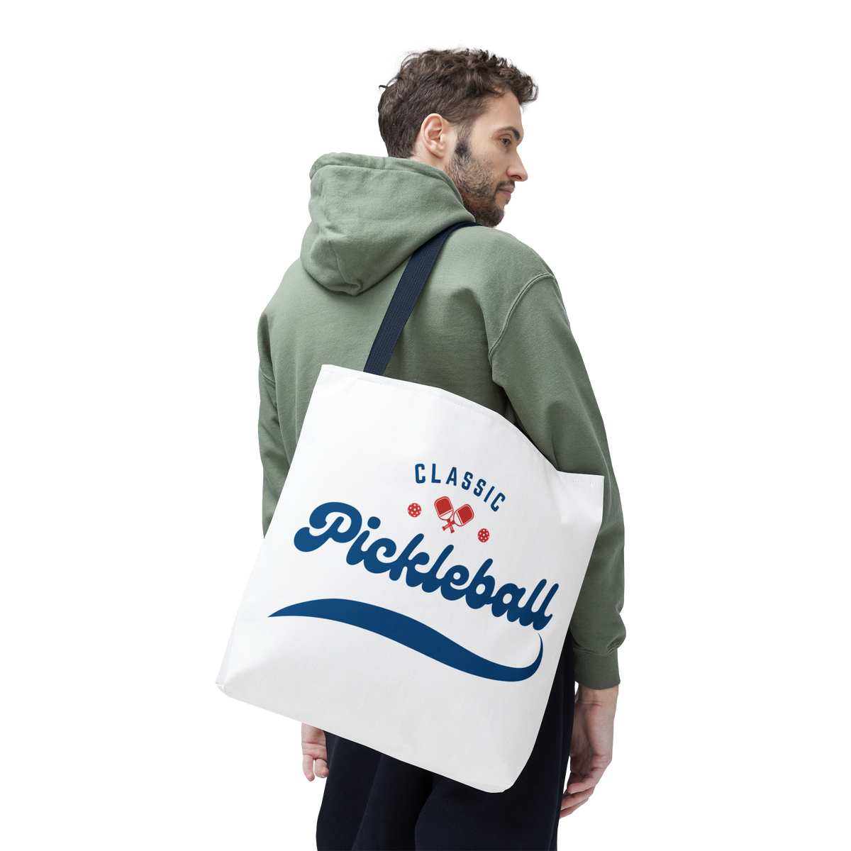 Pickleball Classic Red and Blue Large Tote for Gear, 2-Sided Design, Choose from 3 Handle Colors - Navy handle - Model - PeaMacTees