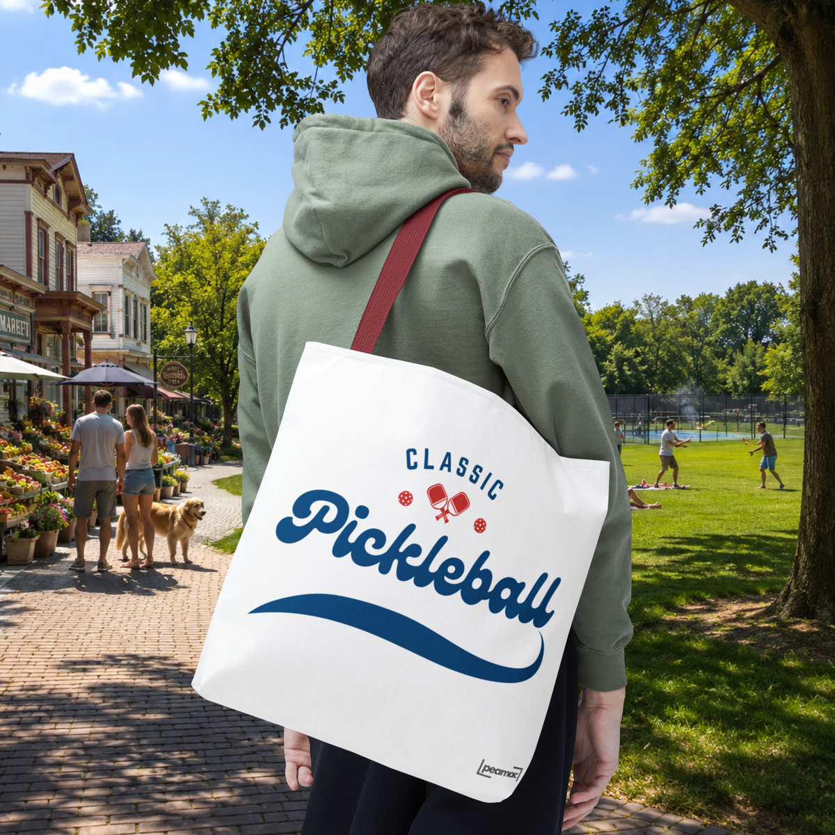 Pickleball Classic Red and Blue Large Tote for Gear, 2-Sided Design, Choose from 3 Handle Colors - Red handle - Lifestyle - PeaMacTees