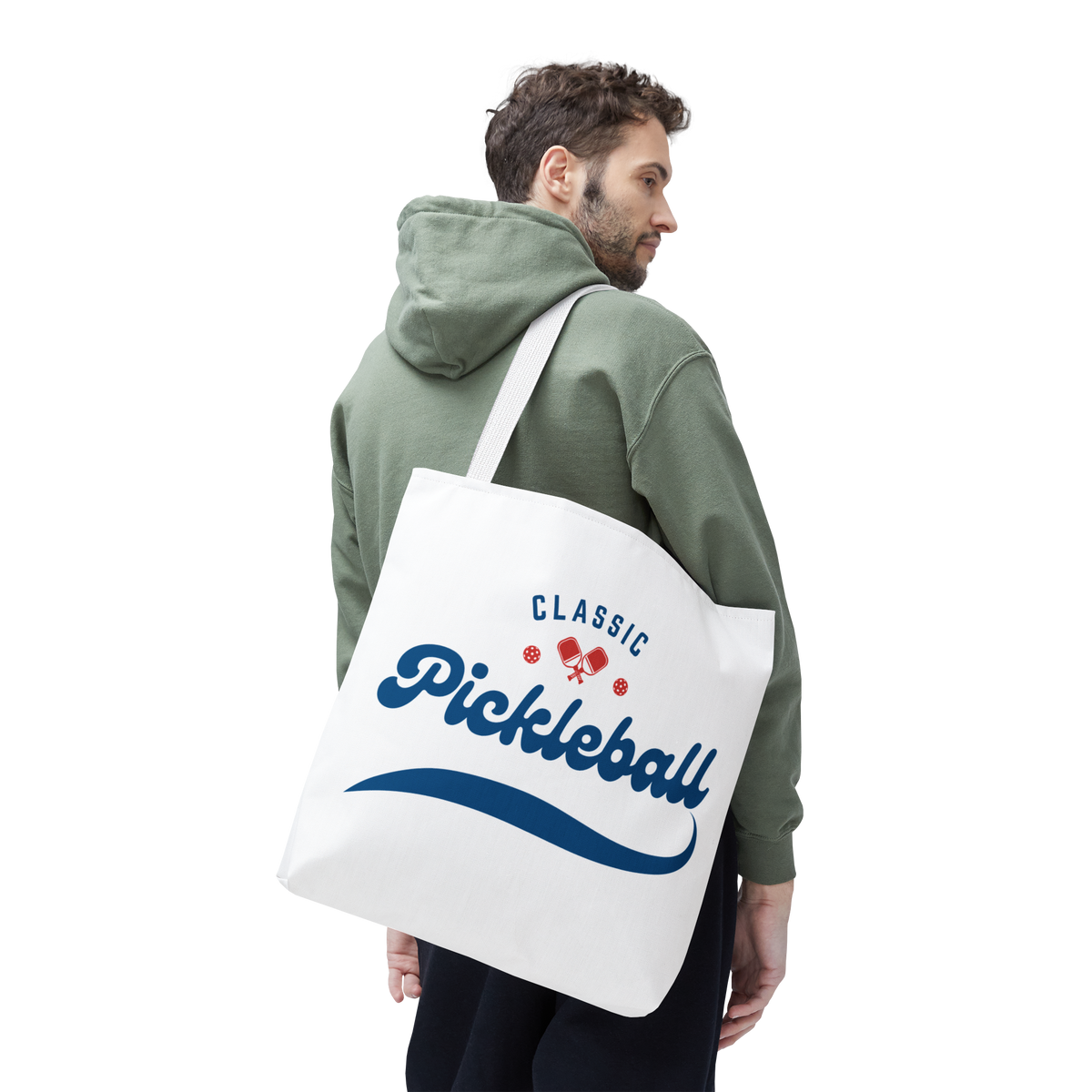 Pickleball Classic Red and Blue Large Tote for Gear, 2-Sided Design, Choose from 3 Handle Colors - White handle - Model - PeaMacTees