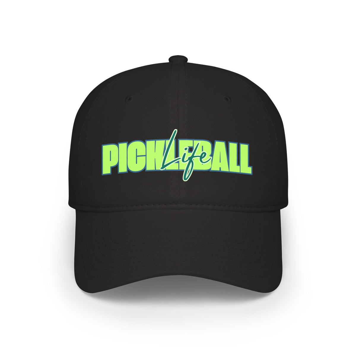 Pickleball Life Bold Green & Blue Script - Low Profile Baseball Hat - Black - Front - PeaMacTees
